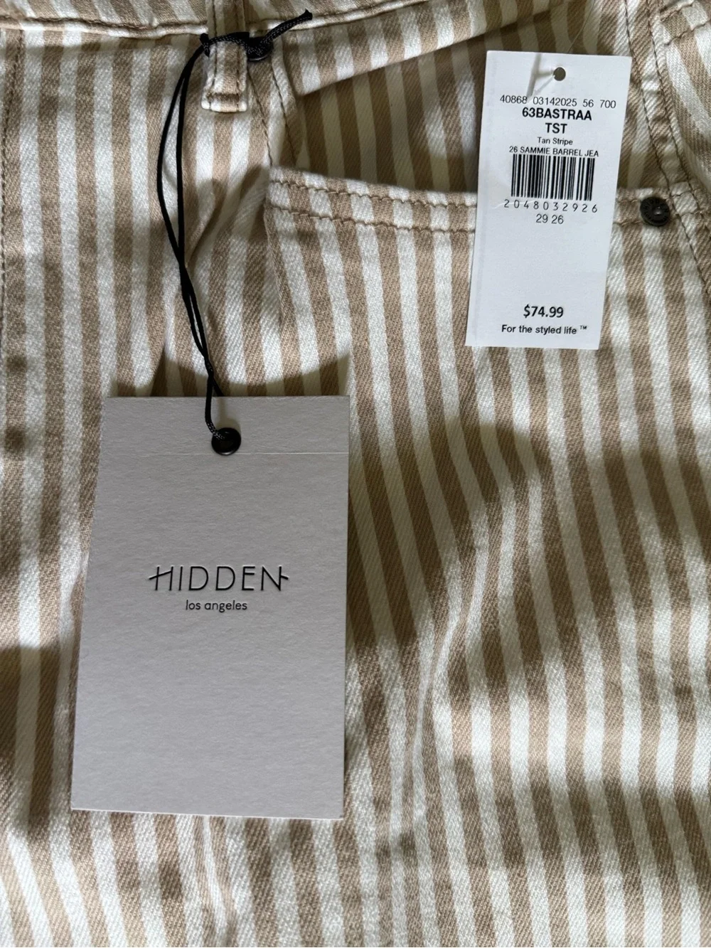 NWT HIDDEN Los Angeles Sammie Barrel Jeans Tan Stripe Size 29